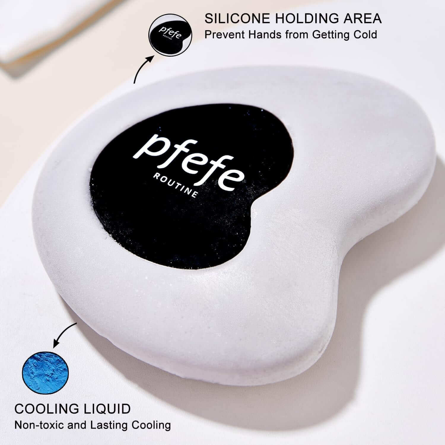 Close-up of Pfefe stainless steel cryo gua sha with silicone grip and cooling liquid for enhanced skin care.