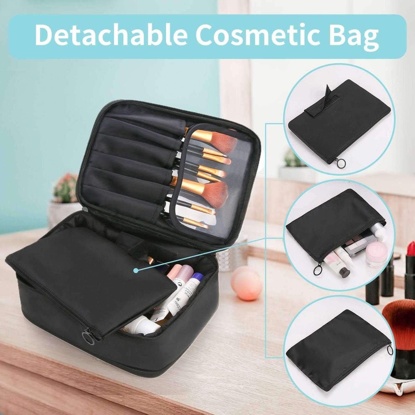 Detachable cosmetic bag with makeup brushes and storage pockets for ease of organization and travel.