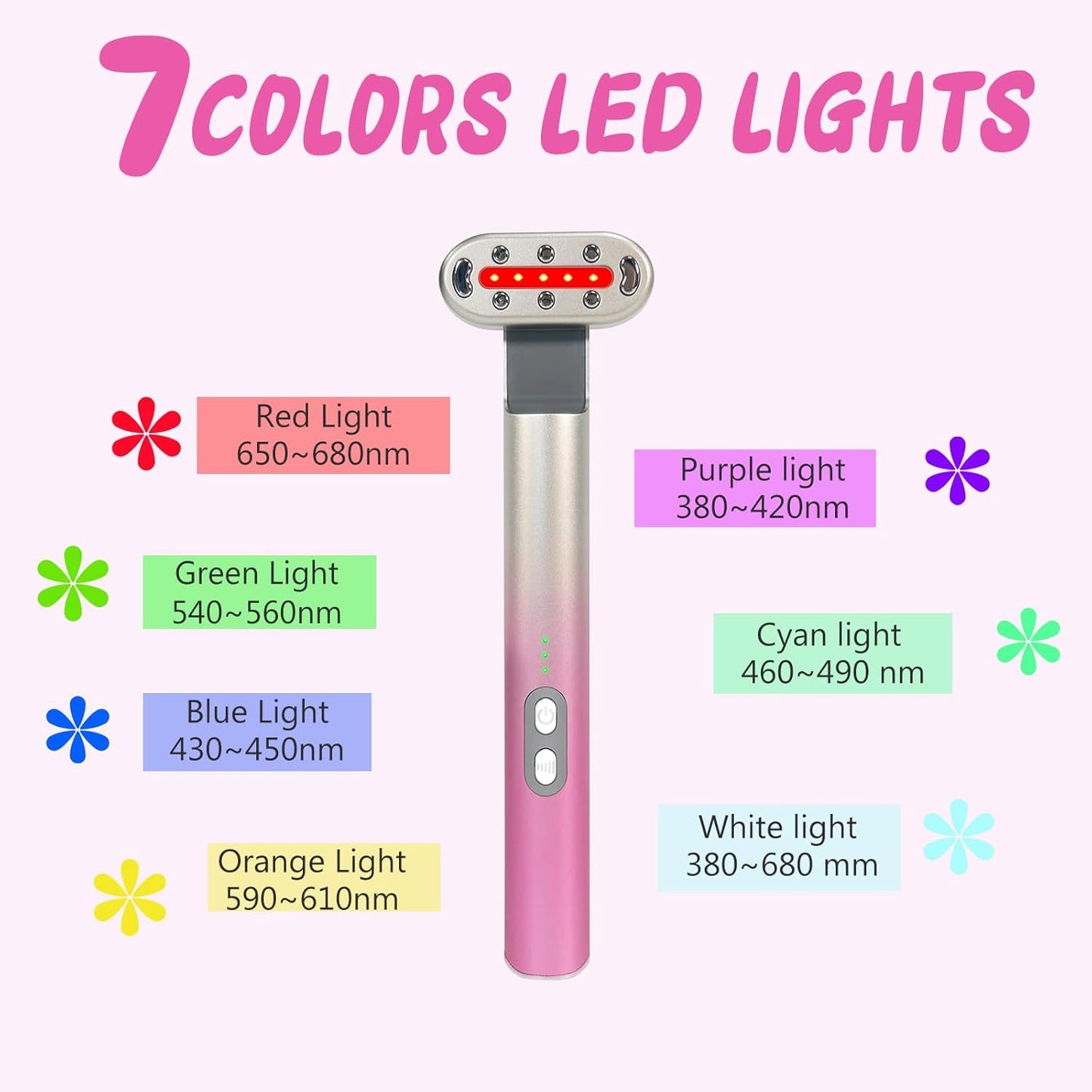 Red Light Therapy Wand for Face and Neck,7 Colors LED 3 Strength Vibration Face Lift Device for Eyes Wrinkles Skin Care Massage Tools-Pink Gradient