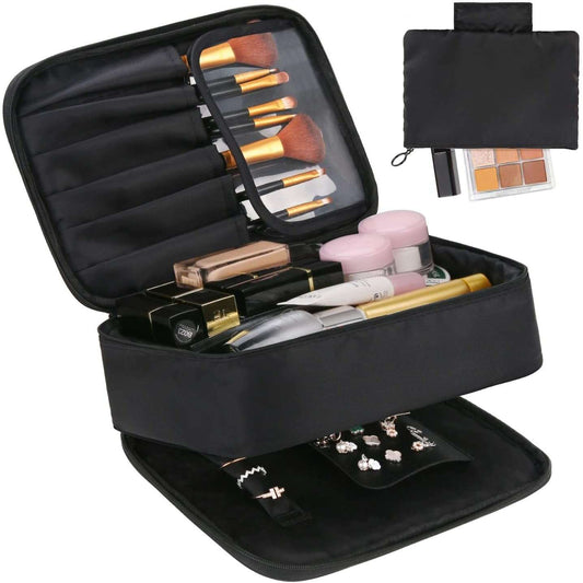 Large black makeup and jewelry bag organized with compartments for cosmetics and jewelry storage.