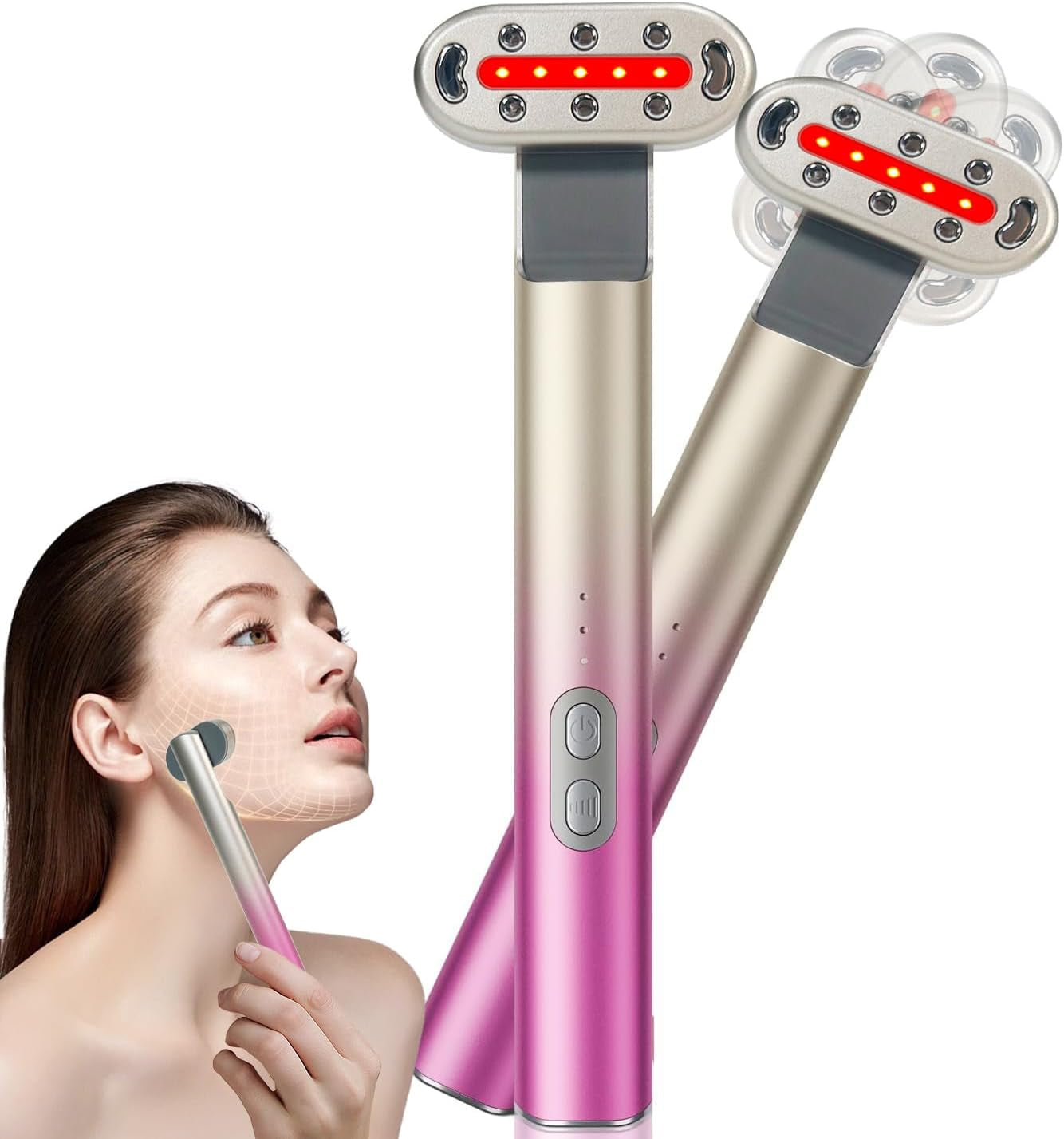 Red Light Therapy Wand for Face and Neck,7 Colors LED 3 Strength Vibration Face Lift Device for Eyes Wrinkles Skin Care Massage Tools-Pink Gradient