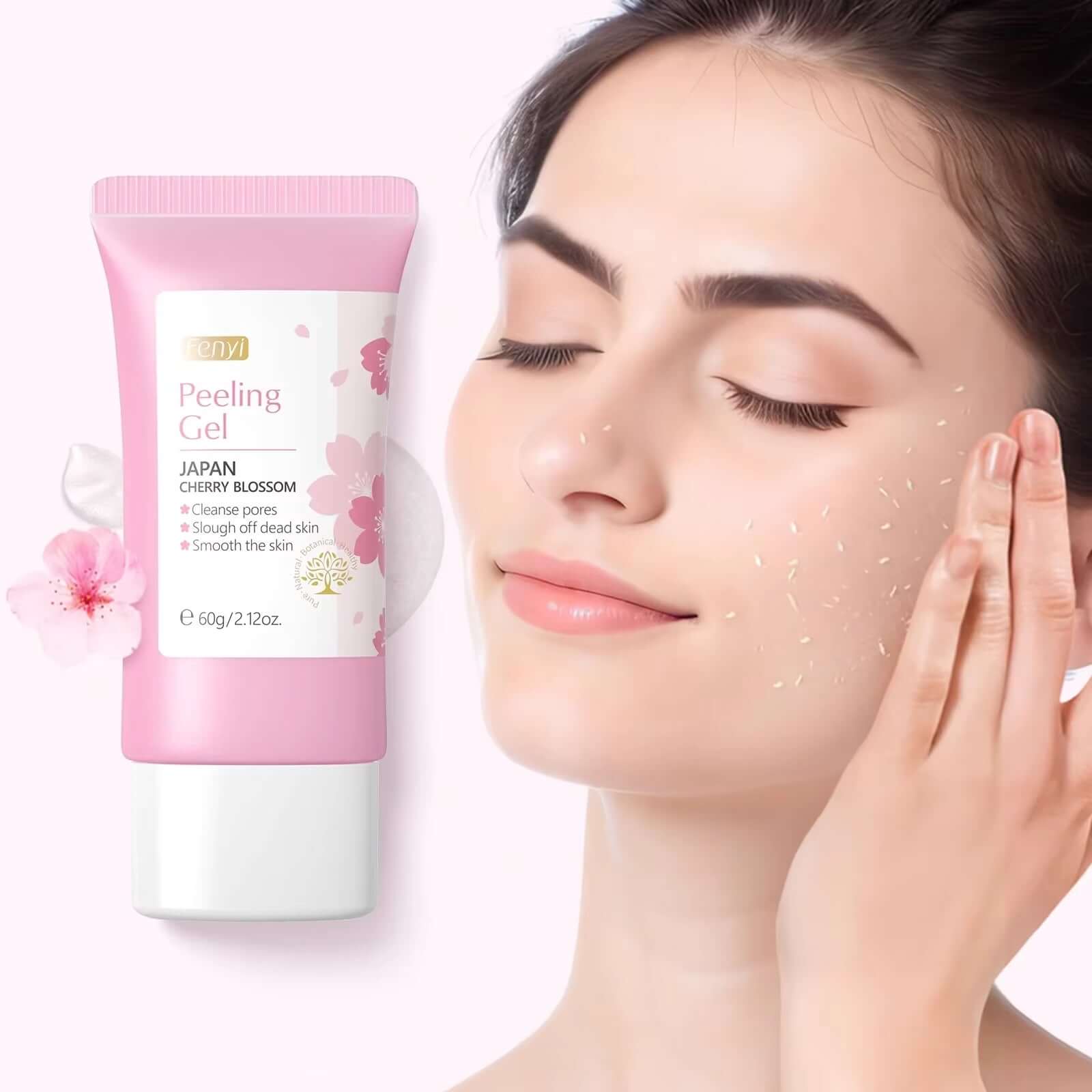 LAIKOU Japan Cherry Blossom Peeling Gel 60g shown with a woman applying the exfoliating gel on her face.