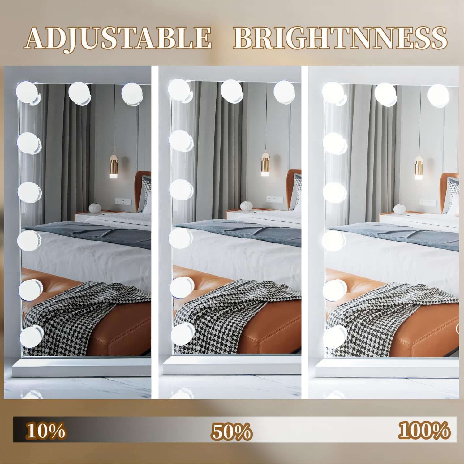 Adjustable brightness vanity mirror showcasing 10%, 50%, and 100% light settings with LED bulbs and stylish decor.