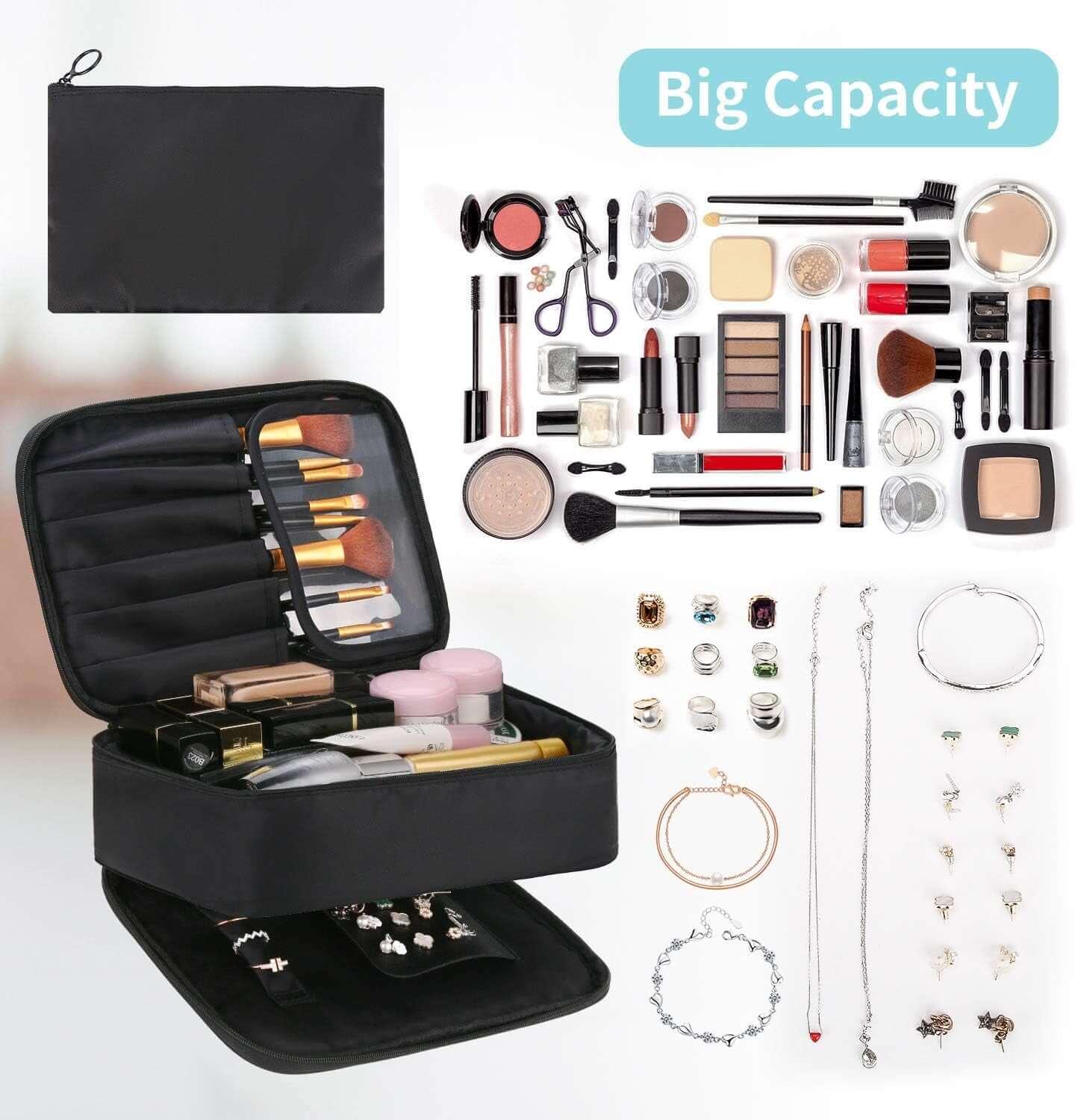 Large black makeup and jewelry organizer bag with various cosmetics and jewelry displayed.