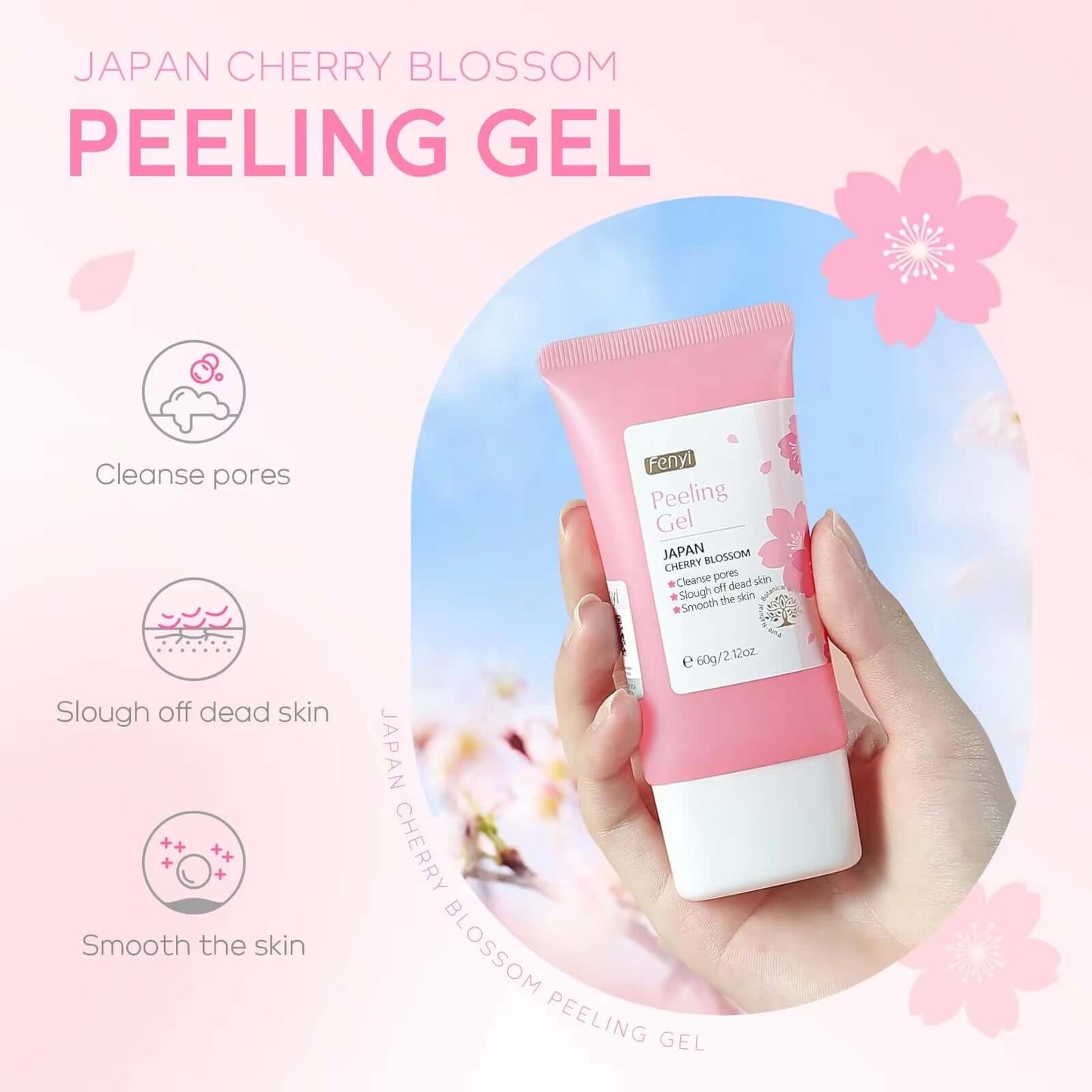 LAIKOU Japan Cherry Blossom Peeling Gel with flower graphics, promotes pore cleansing and skin smoothing.