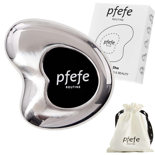 Stainless steel Pfefe cryo gua sha tool with packaging, designed for facial and body massage.