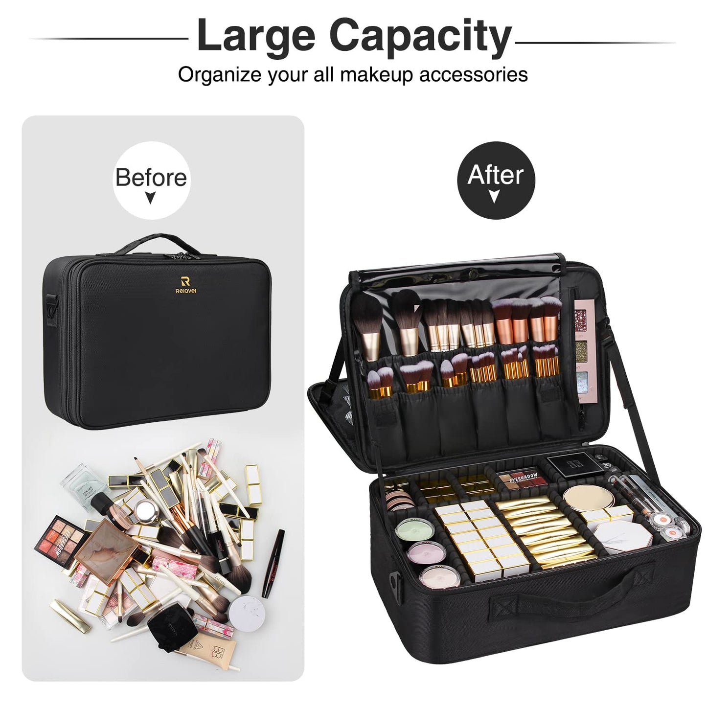 16.5'' Large Capacity Makeup Case 3 Layers Cosmetic Organizer Brush Bag Barber Train Case Makeup Artist Box for Hair Curler Hair Straightener Brush Set and Cosmetics