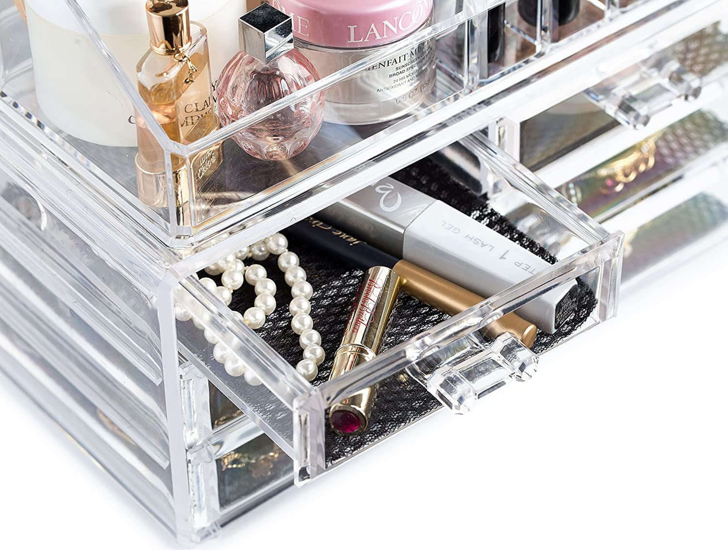 Clear makeup organizer showcasing cosmetics and jewelry in elegant design, with 4 drawers for neat storage.