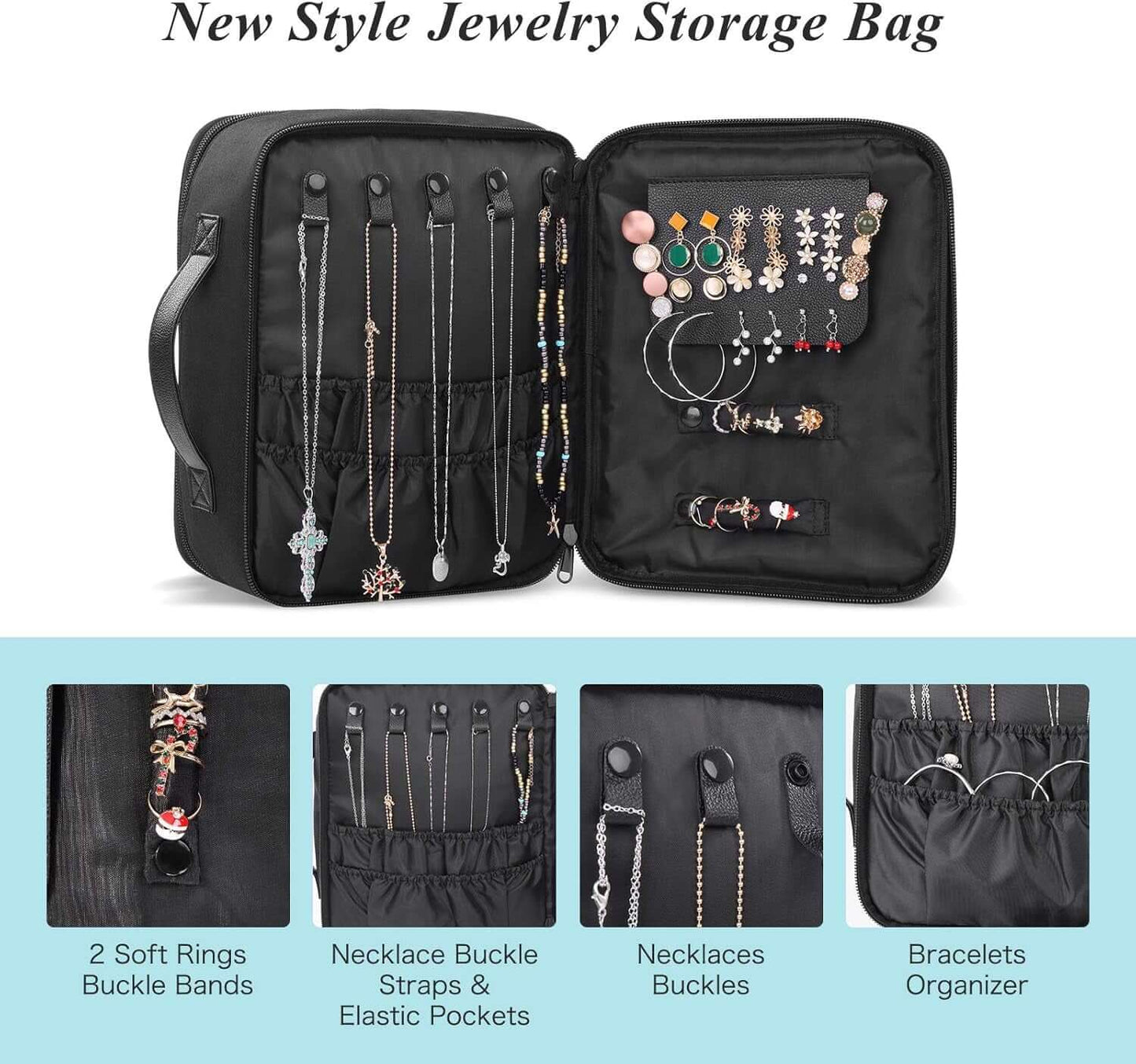 Jewelry storage bag featuring compartments for necklaces, rings, and bracelets with buckle straps and elastic pockets.