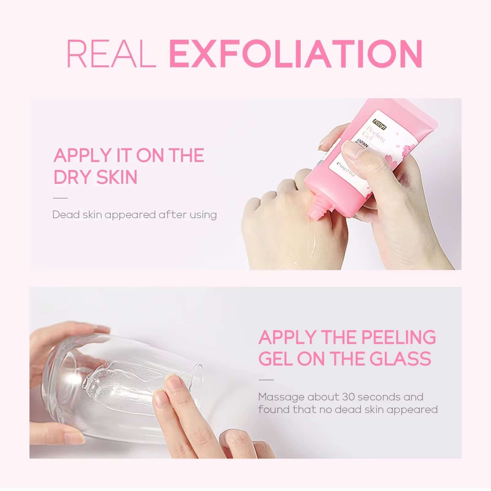 Hands applying exfoliating gel to skin and glass, demonstrating real exfoliation effects.