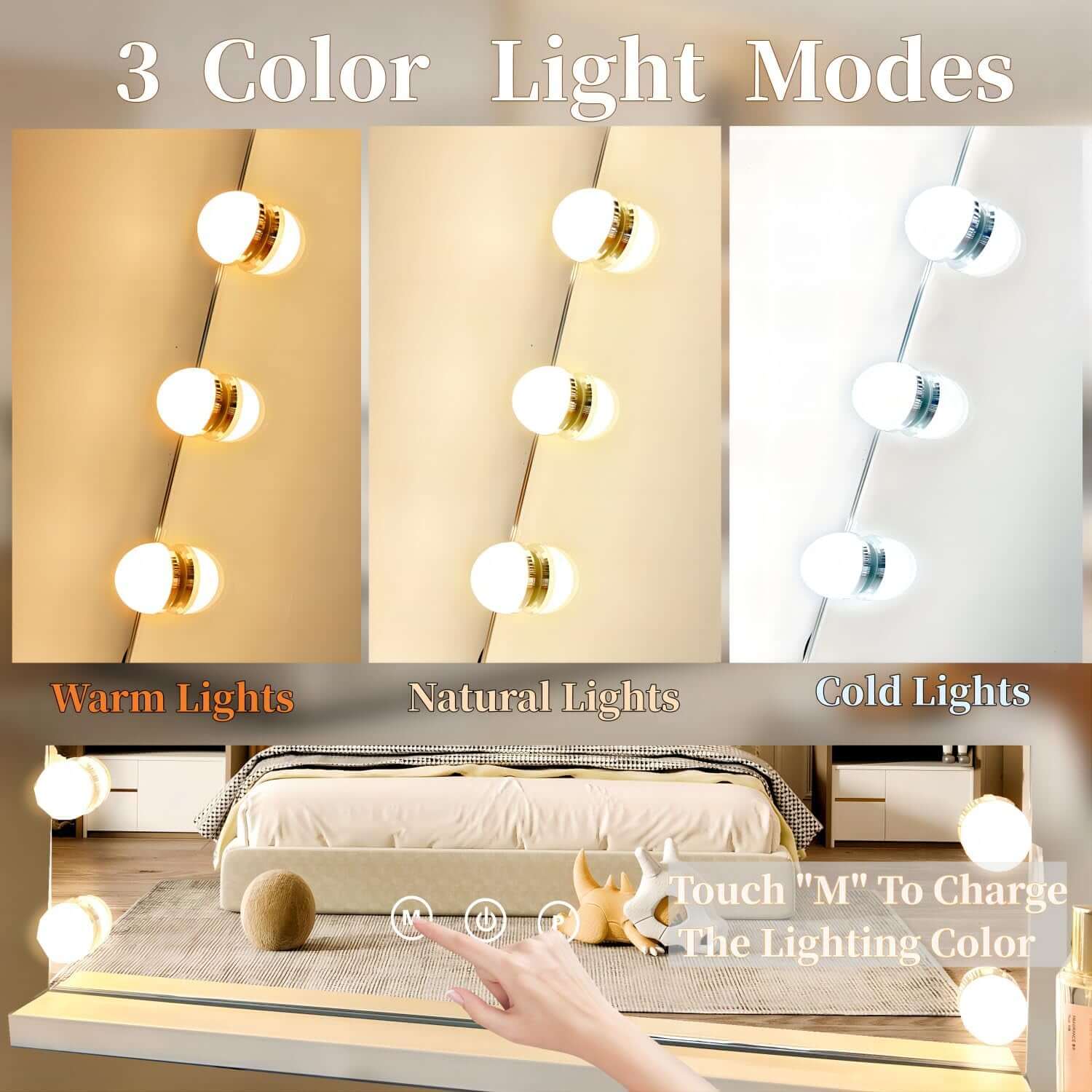 Three color light modes for makeup mirror: warm, natural, and cold lighting options for versatile makeup application.