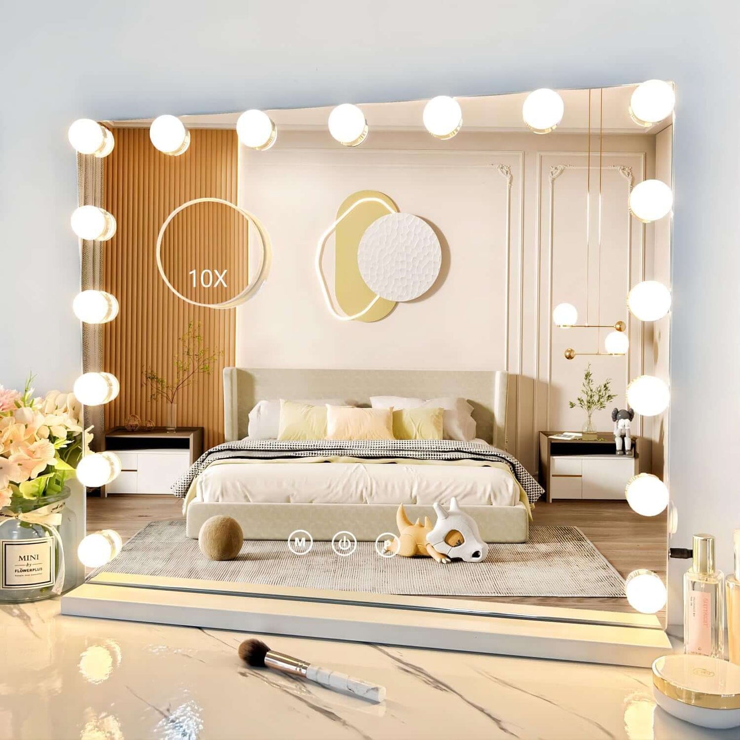 Vanity mirror with 10X magnification and 17 dimmable LED bulbs, perfect for makeup with adjustable lighting.