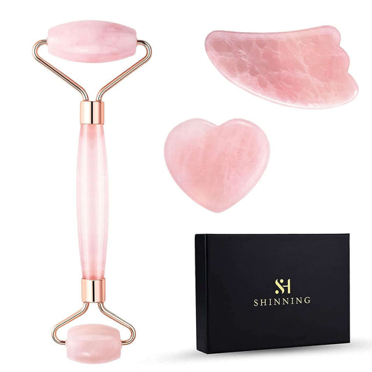 Jade roller and gua sha set for anti-aging, wrinkle relief, and natural skin care, featuring premium rose quartz tools.