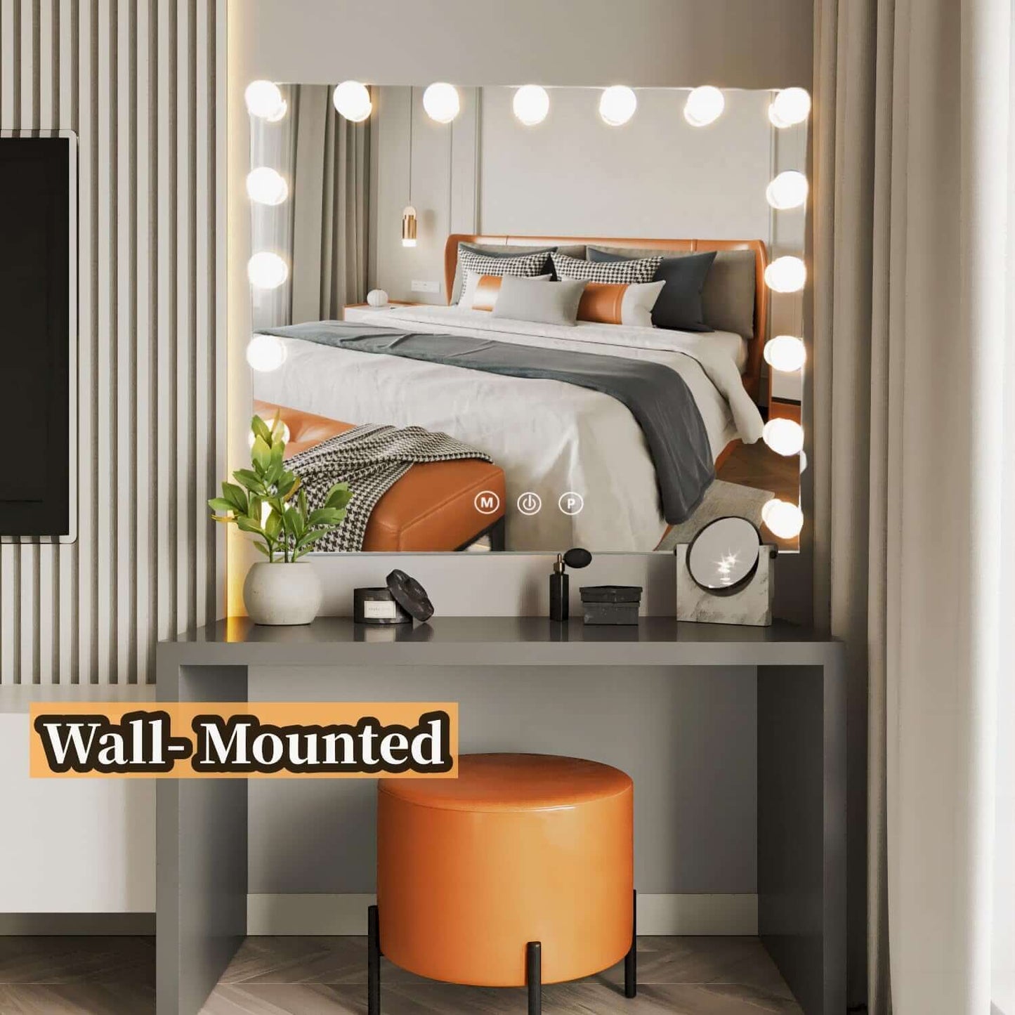 Wall-mounted vanity mirror with LED bulbs in a modern bedroom setting, featuring a stylish desk and orange stool.