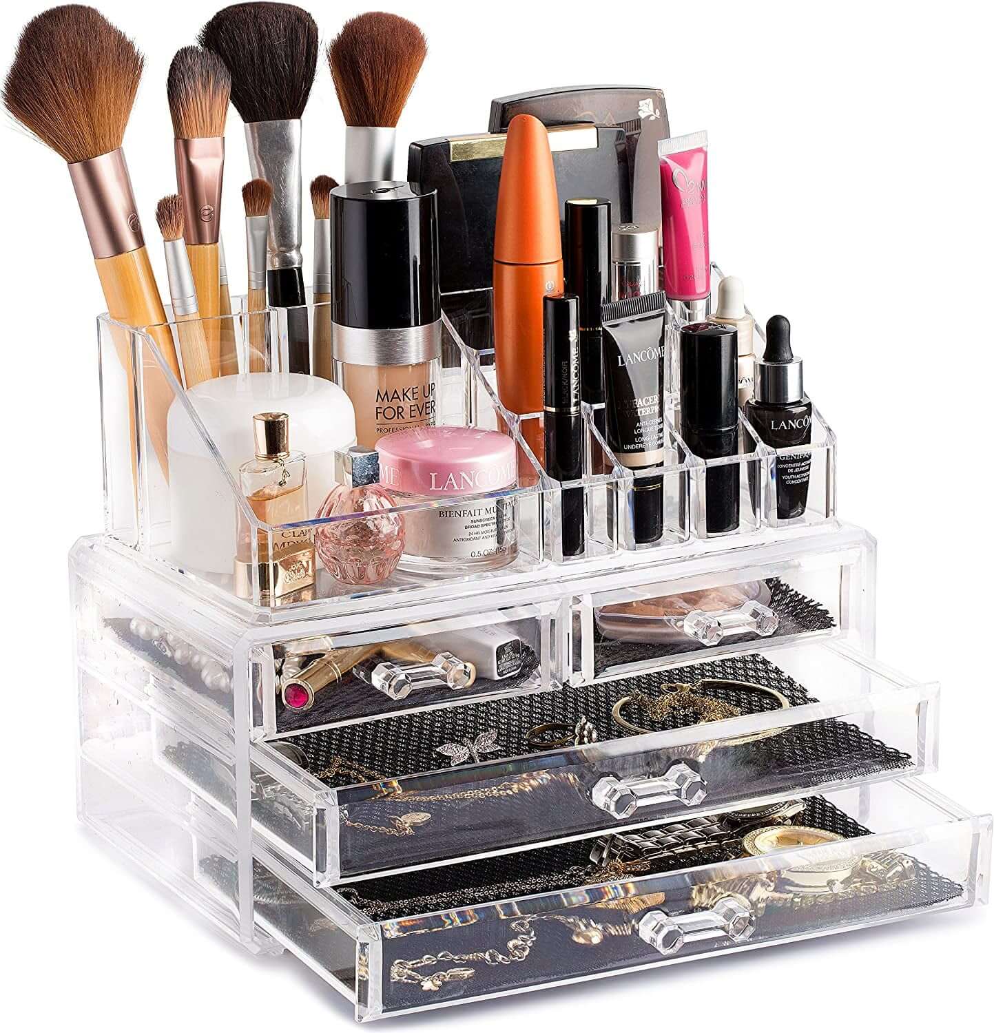 Clear makeup organizer with 16 compartments and 4 drawers, storing cosmetics and jewelry neatly.