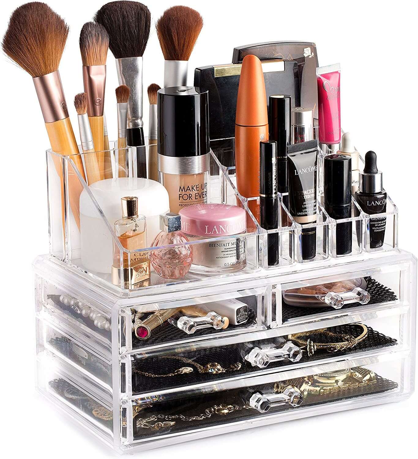 Clear makeup organizer featuring 16 compartments and drawers, ideal for cosmetics, jewelry, and accessories.