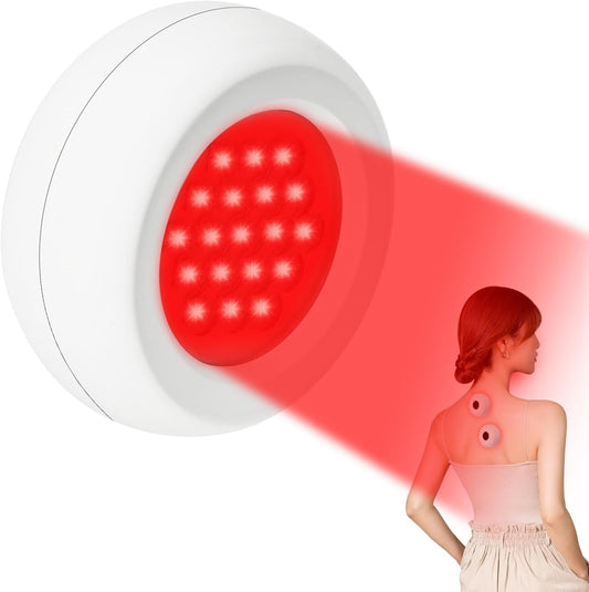 Mini red light therapy device for skin rejuvenation targeting wrinkles and fine lines on back.