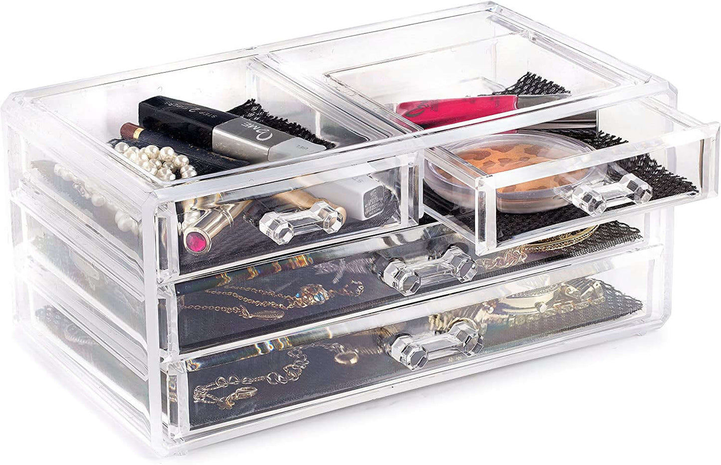 Clear makeup organizer with 16 compartments, storing cosmetics and jewelry, perfect for vanity storage.