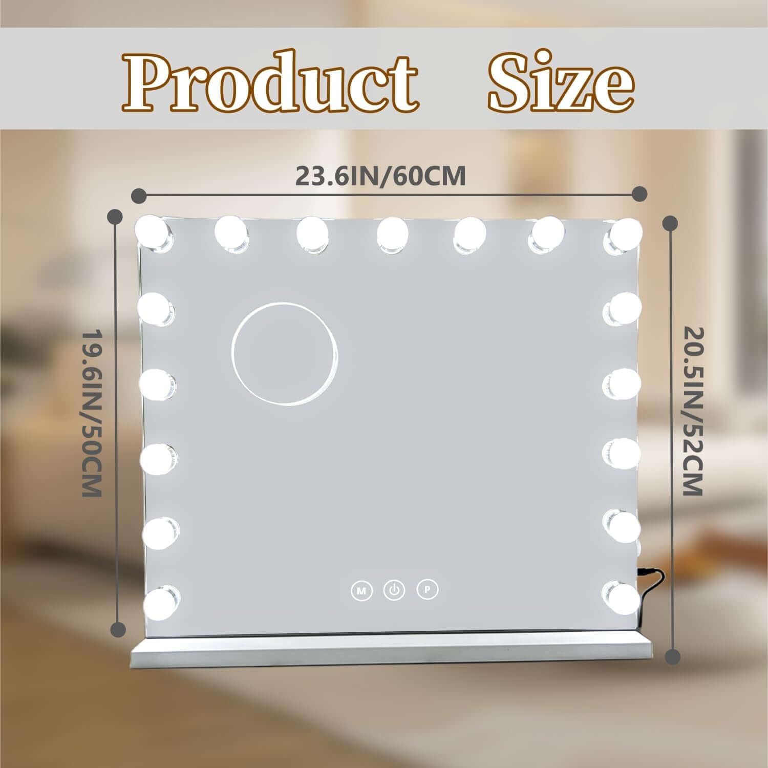 Dimensions of a vanity mirror with lights, measuring 23.6 x 19.7 inches, featuring adjustable LED bulbs.