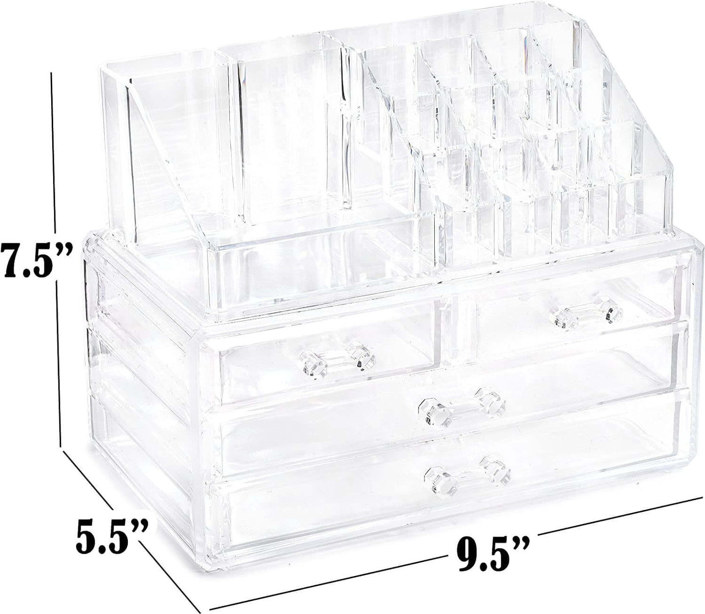 Clear makeup organizer with 4 drawers and 16 compartments, measuring 7.5x9.5 inches for efficient storage.