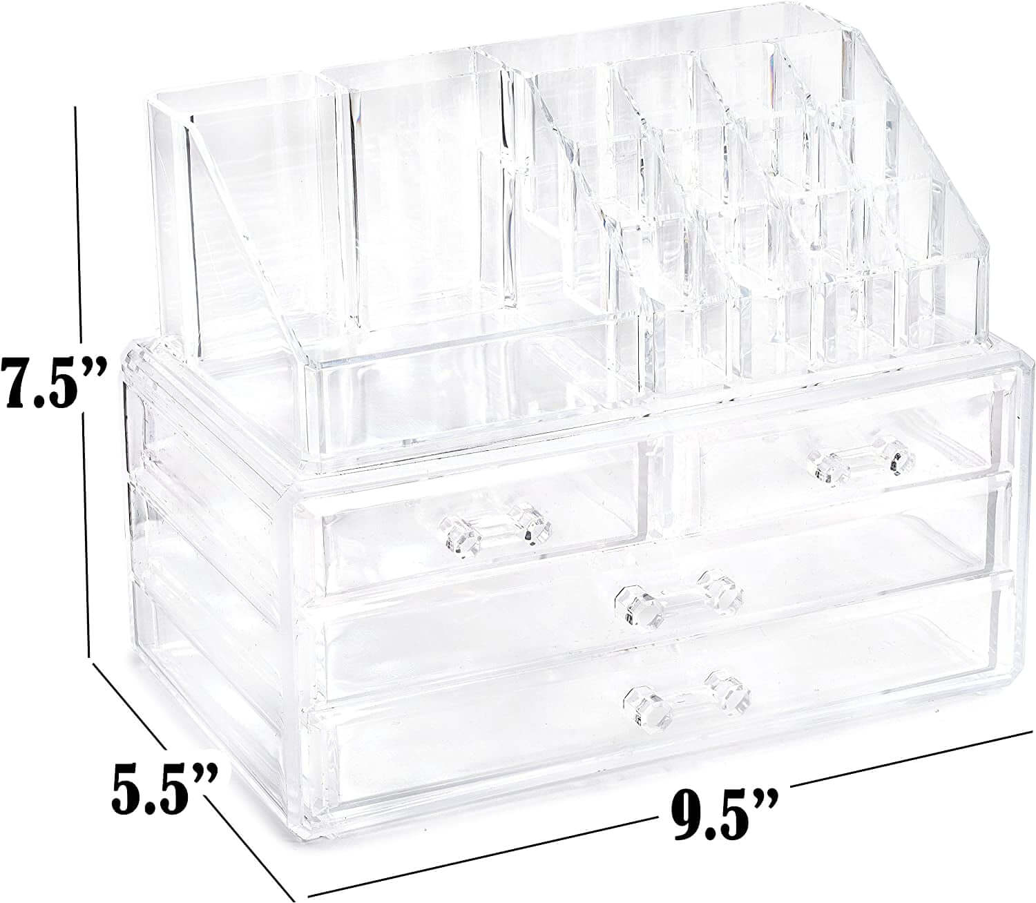 Clear makeup organizer with 4 drawers and 16 compartments, measuring 7.5x9.5 inches for efficient storage.