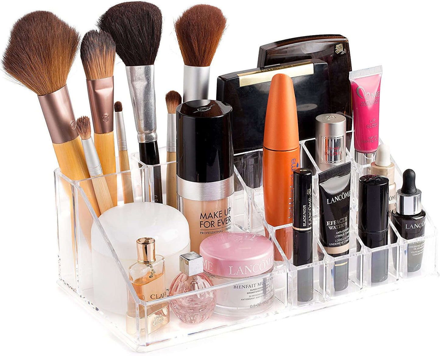 Clear makeup organizer featuring cosmetics, brushes, and skincare in a stylish 16-compartment holder.