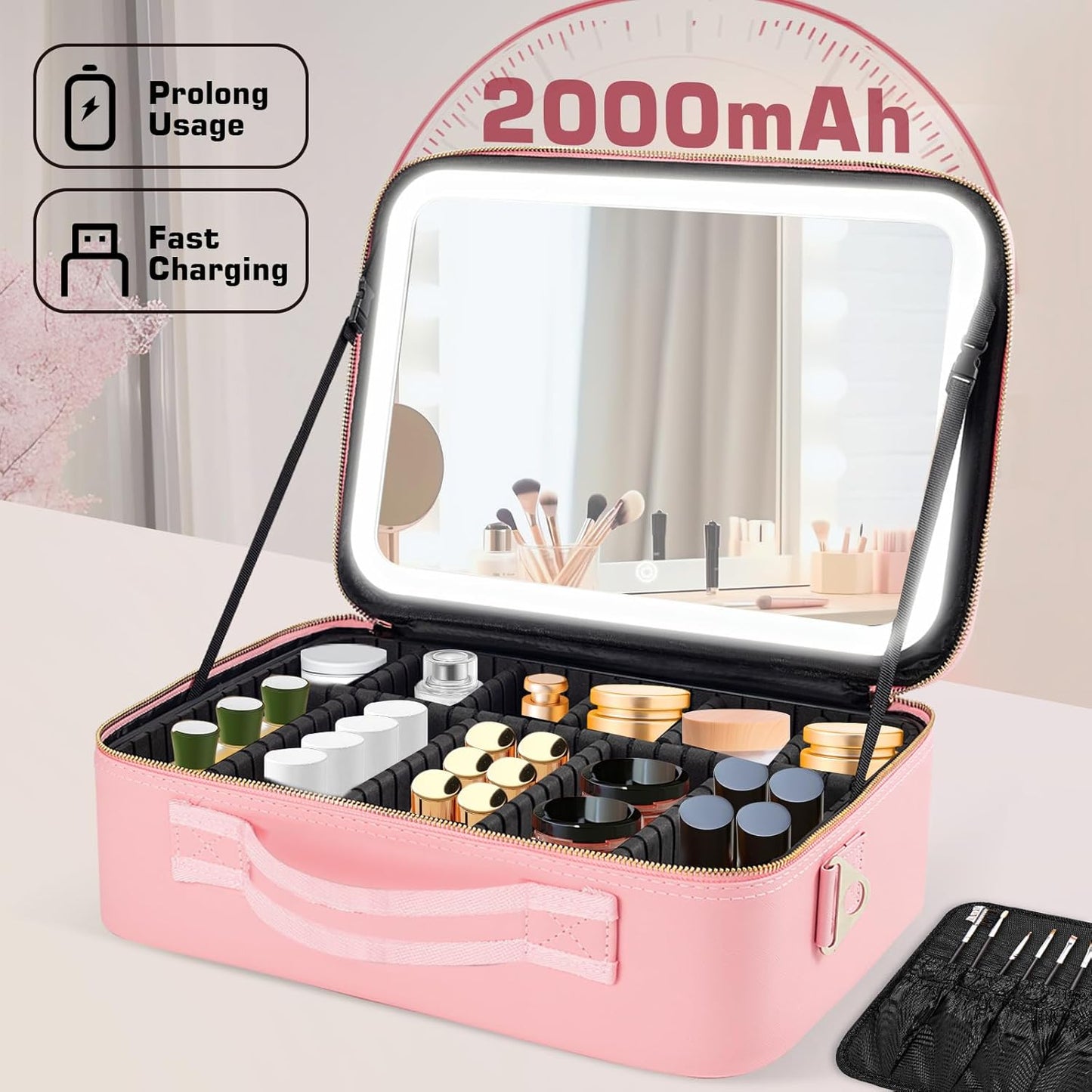 15''X11'' Large Capacity Makeup Bag with LED Mirror, Professional Makeup Case Organizer with 3 Color Light Adjustable Brightness, Travel Make up Cosmetic Case with Detachable Dividers & Shoulder Strap